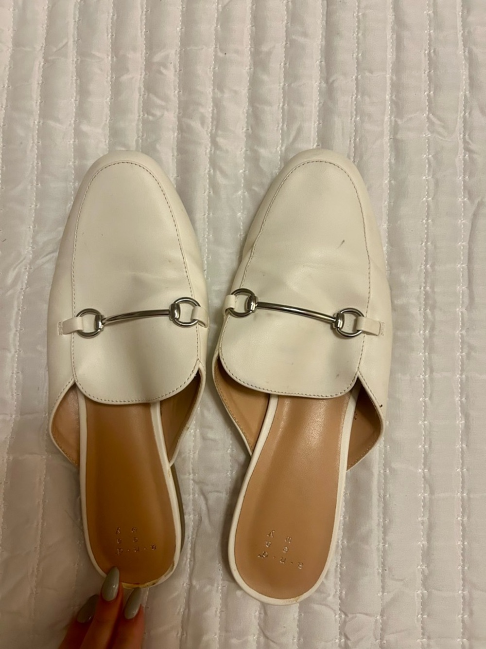 a new day White Leather Backless Loafer Mules with Silver Bit